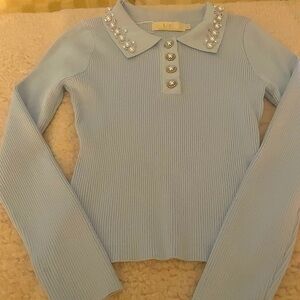 L+C  (Medium) Pearl & Rhinestone Sequins Embellished Pastel Blue Ribbed Sweater